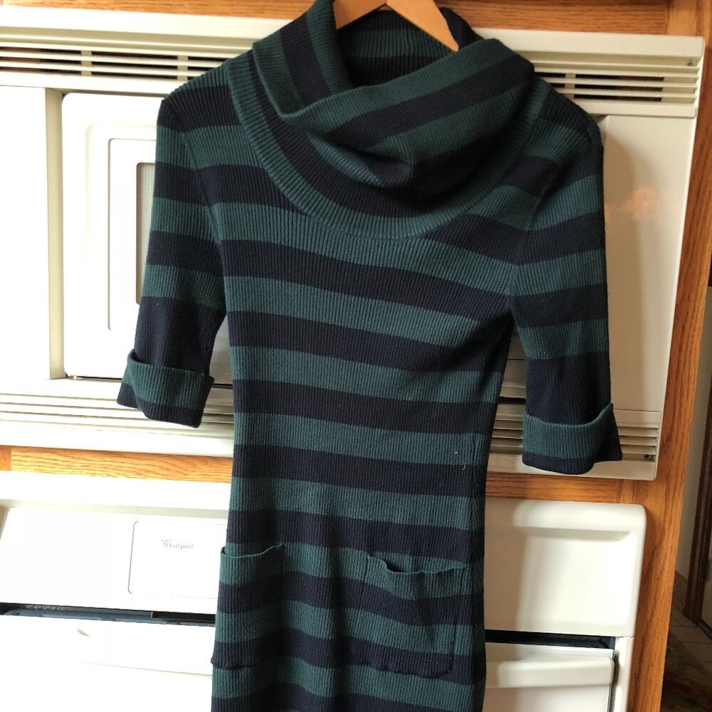 Premise Studio Cowl Neck Pullover Knit Stretch Dress Green & Black Stripe Small
